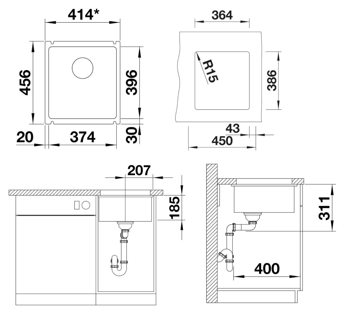 BLANCO SUBLINE 375-U keraamiline valamu joonis